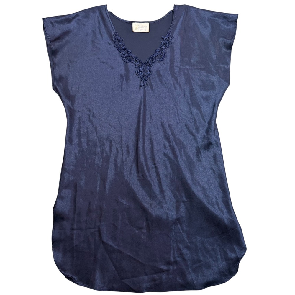 Y2K California Dynasty Nightgown Womens L Navy Blue Satin Lace V-Neck Cap Sleeve